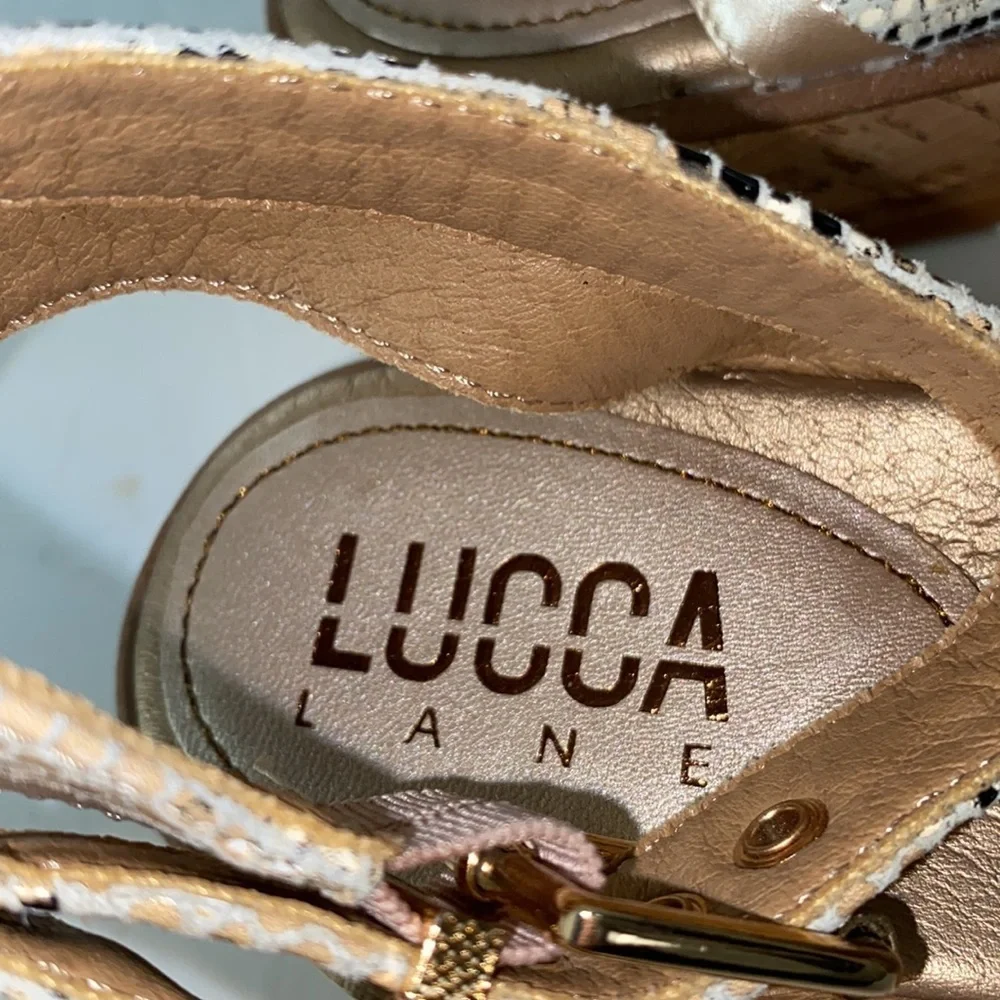 Lucca Lane Karel Leather Snake Print Platform Ankle Strap Sandals